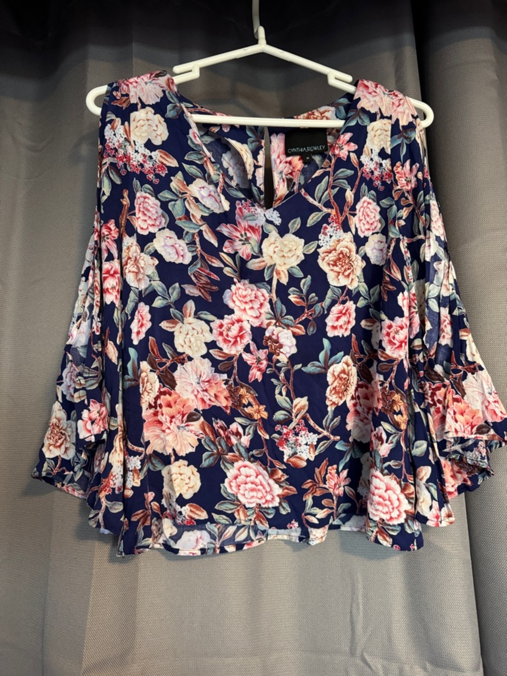Cynthia Rowley Navy Floral Bell Sleeve Blouse